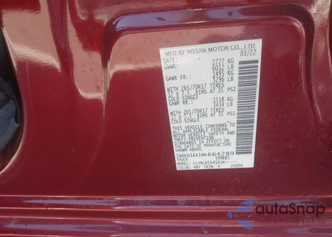 2022 Nissan Frontier Pro-4X 4X4 z USA, uszkodzony, nr VIN 1N6ED1EK1NN664289